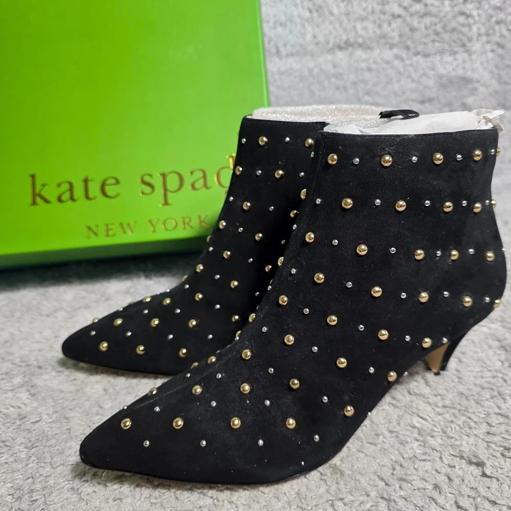 Kate Spade Starr Black Suede Studded Pointed Toe Kitten Heel‎ Ankle Boots 6M NEW